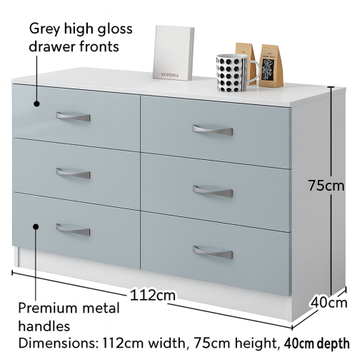 Harmin Grey High Gloss 6 Drawer Storage Cabinet with Matt White Frame 1