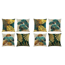 Square Throw Pillow Covers Pack of 8 Green and Gold Leaves Cushion Covers Linen Sofa Cushions 45cm x 45cm