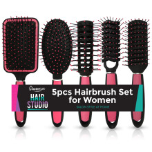 5pk Hair Brush Set Women Salon Styling Paddle Round Vented Detangling Pink