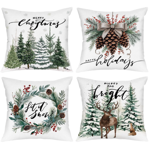 Housses de coussin décoratives de Noël blanches, lot de 4, 50 x 50 cm