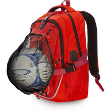 Sac à dos enfant rouge avec filet ballon et casque sac sport 20L imperméable compartiment ordinateur 15,6 pouces port
