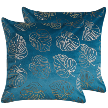Set of 2 Decorative Cushions DELICIOSA 45 x 45 cm Velvet Blue Plant Pattern
