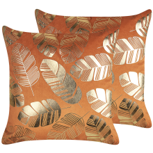 Set of 2 Decorative Cushions SUNFLOWER 45 x 45 cm Velvet Orange Plant Pattern
