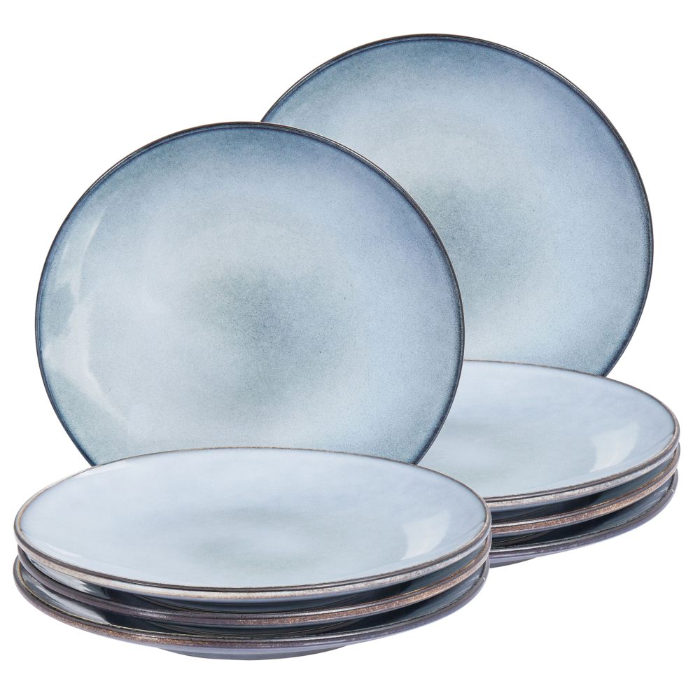 Beliani Set Of 8 Dinner Plates Juniper Stoneware Light Blue