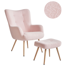 Wingback Chair VEJLE with Footstool Boucle Pastel Pink