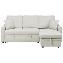 Corner Sofa Bed 3 Seater NASSJO Faux Linen Off-White Left Hand