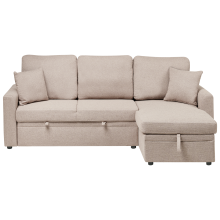 Corner Sofa Bed 3 Seater NASSJO Faux Linen Light Brown with Storage Left Hand