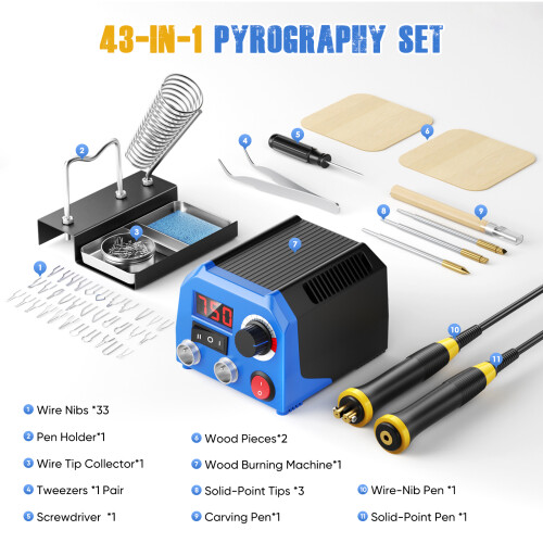 Upgraded Wood Burning Machine Pyrography Kit, Dual Pyrography Pens with 33 Wire Nibs & 3 Solid Point Tips,Digital Temperature Display Woodburning Tool 1