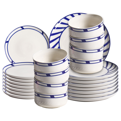 Beliani Set of 24 Dinnerware SHISO Porcelain White/ Blue