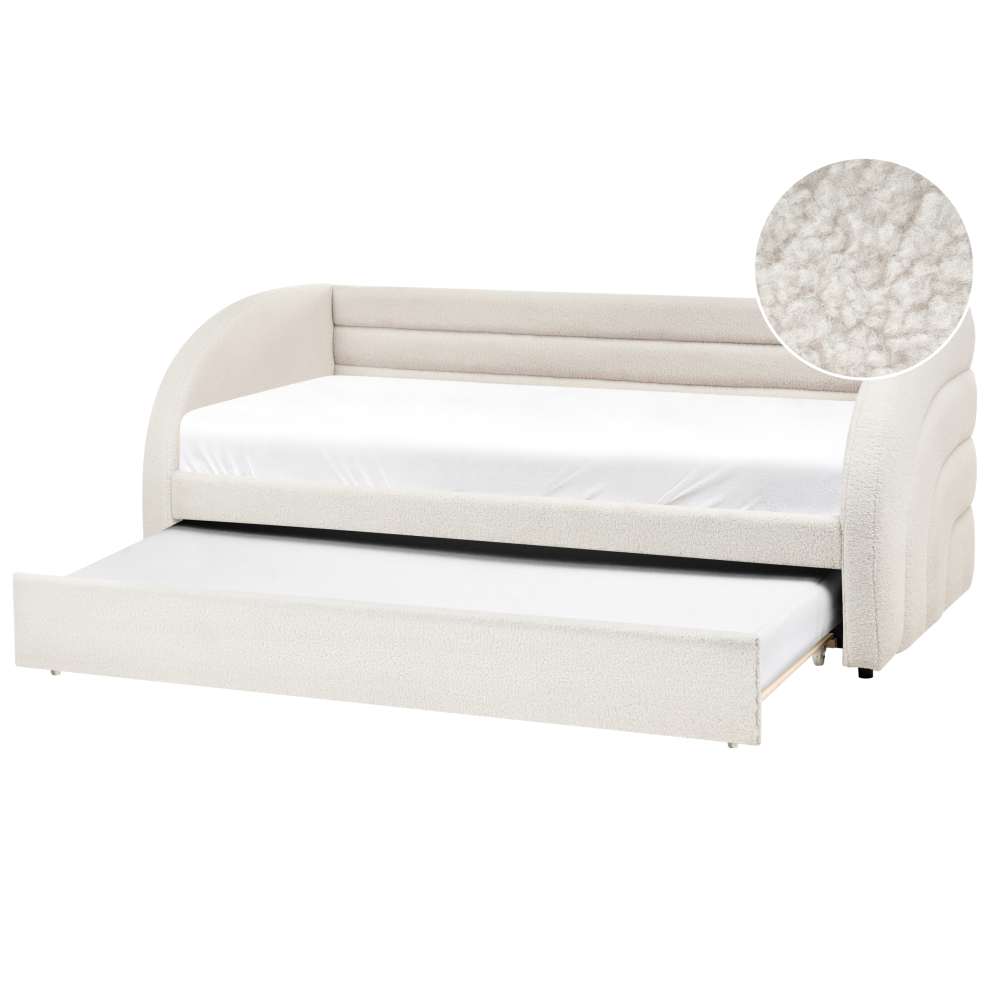 Photos - Bed Frame Beliani Trundle Bed Boucle ALBIAC 90 x 200 cm  White (EU Single)