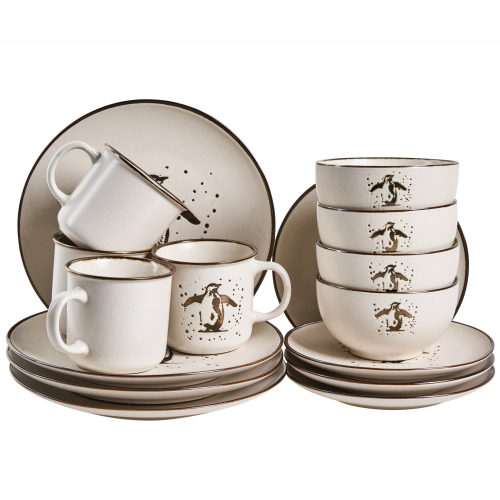 Beliani Set of 16 Dinnerware CINNAMON Stoneware Off-White