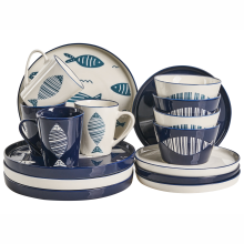 Set of 16 Dinnerware TAMARIND Porcelain White/ Blue