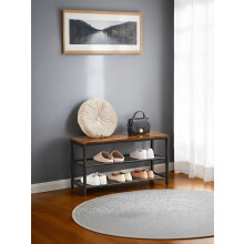 Shoe Bench - Metal - Rustic Brown - Entryway Storage with Seat and 2 Mesh Shelves