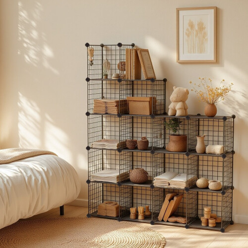 Modular Wire Grid Shelving System - Metal Mesh - White - Customizable Storage Cabinet with 16 Cubes 1