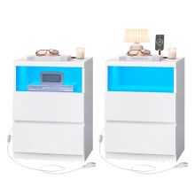 Set of 2 Nightstands - Wood - White - with Adjustable LED Light and Drawers