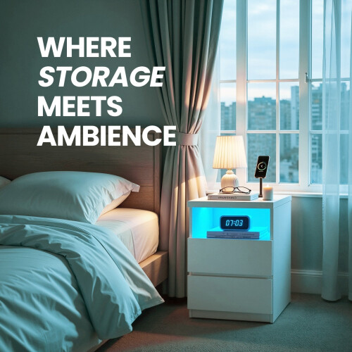 Bedside Table - Wood - White - Adjustable LED Light with Drawers 2
