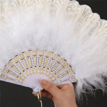 Feather Hand Fan Dark White Vintage Folding Fan &Jade Feather Fan Handheld for Party Wedding Dancing Decoration
