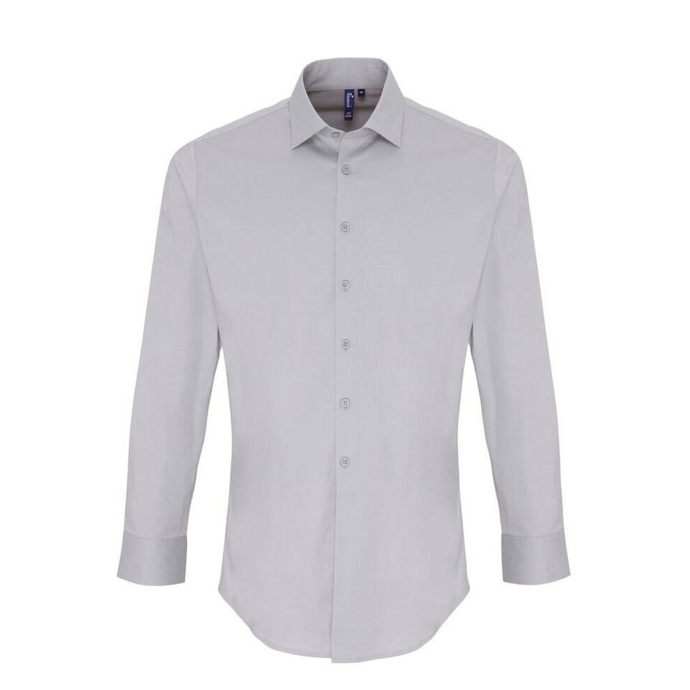 Premier (L, Silver) Mens Stretch Fit Poplin Long Sleeve Shirt