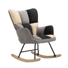 Tricolor Patchwork Linen Upholstered Rocking Chair, Black Grey Beige