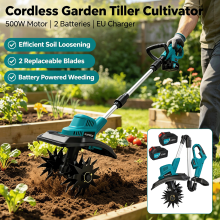 Cordless Garden Tiller Cultivator, 2 Batteries for Soil Tilling