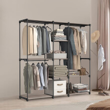 Portable Open Wardrobe - Metal and Fabric - Black - Freestanding with Clothes Rails and Shelves for Bedroom