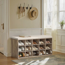 Shoe Bench - Wood - Natural Finish - Padded Seat with 15 Compartment Storage