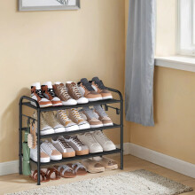 Shoe Rack - Fabric - Gray - 3-Tier Organizer with Hooks, Holds Up to 12 Pairs