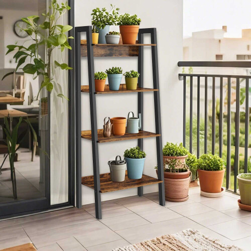 4-Tier Bookcase - Metal Frame - Rustic Brown and Black - Freestanding Storage Shelf