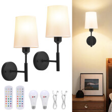 2 Pack Battery Powered Wall Sconce, Wireless Wall Lamp with 2 Rechargeable Bulbs, Remote Control Timer & 3 Colour Dimmable Light