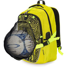Sac Ă Dos Sport Enfant Jaune avec Filet Ballon et Casque Amovible, Cartable Scolaire 20L USB pour PC 15,6 Pouces Oxford