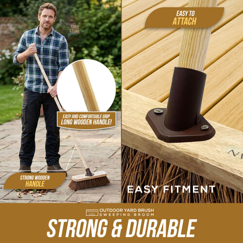 Outdoor Broom Hard Stiff Bristles Yard Sweeping Brush 10" Head Handle 2