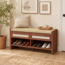 HOMCOM Boho Shoe Storage Bench with 2 Rattan Drawers and Cushion Seat Brown