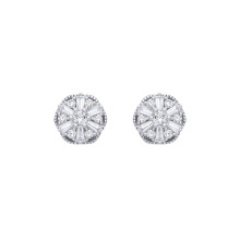Jewelco London Ladies Rhodium Sterling Silver Baguette CZ Scallop Shisha Sunburst Cluster Stud Earrings - EAG1283