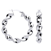 Jewelco London Ladies Rhodium Sterling Silver Moondust Edge Candy Ribbon Twist Hoop Earrings - ER206