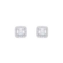 Jewelco London Ladies Rhodium Sterling Silver Baguette CZ Square Chamber Halo Cluster Stud Earrings - EAG1287