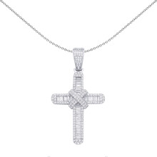 Jewelco London Unisex Rhodium Sterling Silver Baguette CZ Criss Cross Bandolier Cross Pendant Necklace - GVX102