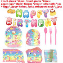 (96PCS)Suministros de fiesta blandos de dibujos animados con tazas de papel y banderas de banderines para fiesta niños