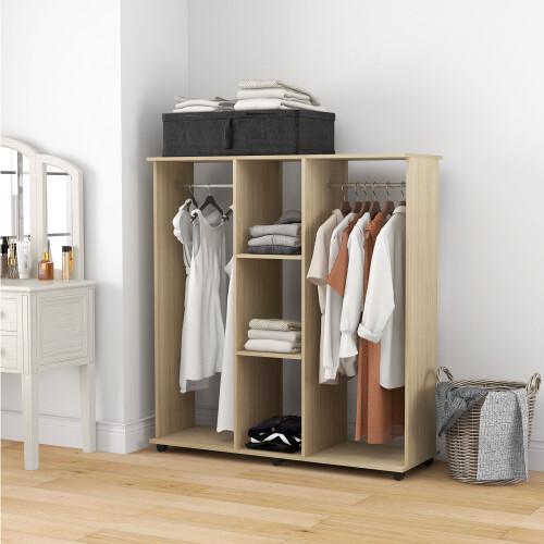 Homcom HOMCOM Mobile Double Open Wardrobe w/ Clothes Hanging Rail Colthing Natural 2