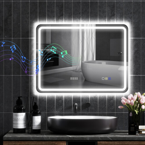 Homcom HOMCOM 600 x 800 mm Illuminated Bathroom Mirror with Bluetooth Clock Silver 2