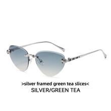 (Silver Green)Óculos de sol minimalista olho de gato com armação de metal e lentes de PC para looks chiques verão