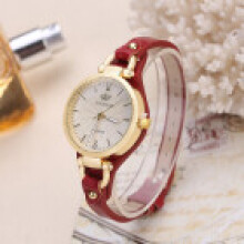 (Red) Leather Ladies Dial Watch With Quartz Engine And Decorative Design Wear For Casual