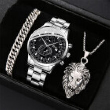 (Silver Set) Quartz Stylish Mens Wristwatch And Chain Necklace Set With Alloy Material Daily For Use
