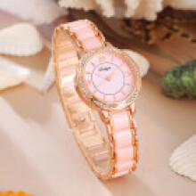 (Pink) Stylish Round Ladies Quartz Wristwatch With Alloy Band And Elegant Decor Fashion For Daily