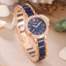 (Blue) Stylish Round Ladies Quartz Wristwatch With Alloy Band And Elegant Decor Fashion For Daily