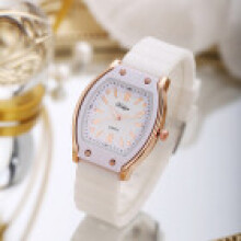 (White) Casual Silicone Womens Quartz Watch Featuring Barrel Shape Case And Classic Style