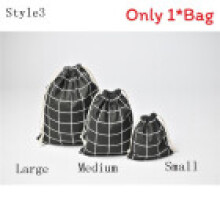 (Black, Medium(19x24cm)) Cotton Grid Linen Storage Bag With Drawstring For Home Travel Organization
