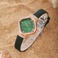 (Green) Trendy Square Womens Dial Watch With Decorative Hands And Leather Band Daily Use For