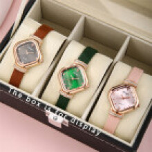 (TriColor) Trendy Square Womens Dial Watch With Decorative Hands And Leather Band Daily Use For