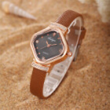 (Brown) Trendy Square Womens Dial Watch With Decorative Hands And Leather Band Daily Use For