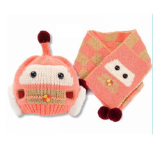 (Pink)Conjunto de sombrero y bufanda de punto suave y cálido para bebé con lindo patrón de coche para niños pequeños